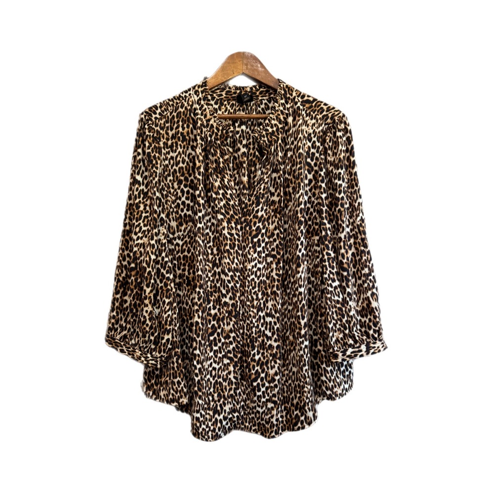 Worthington Woman Blouse Women 2X Leopard Brown Excellent Ruffle Neck Pleated